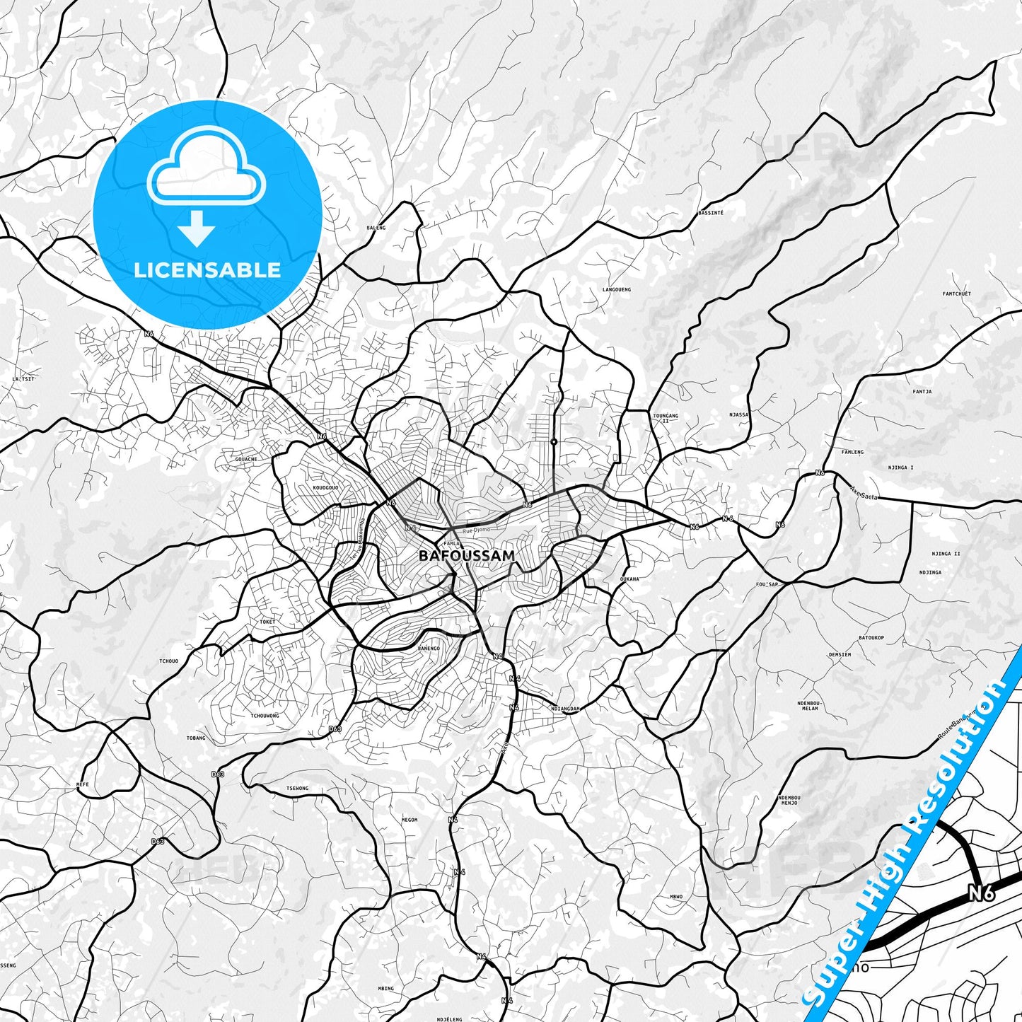 Bafoussam, Cameroon Light Map with Street Names, City Names, and Districts