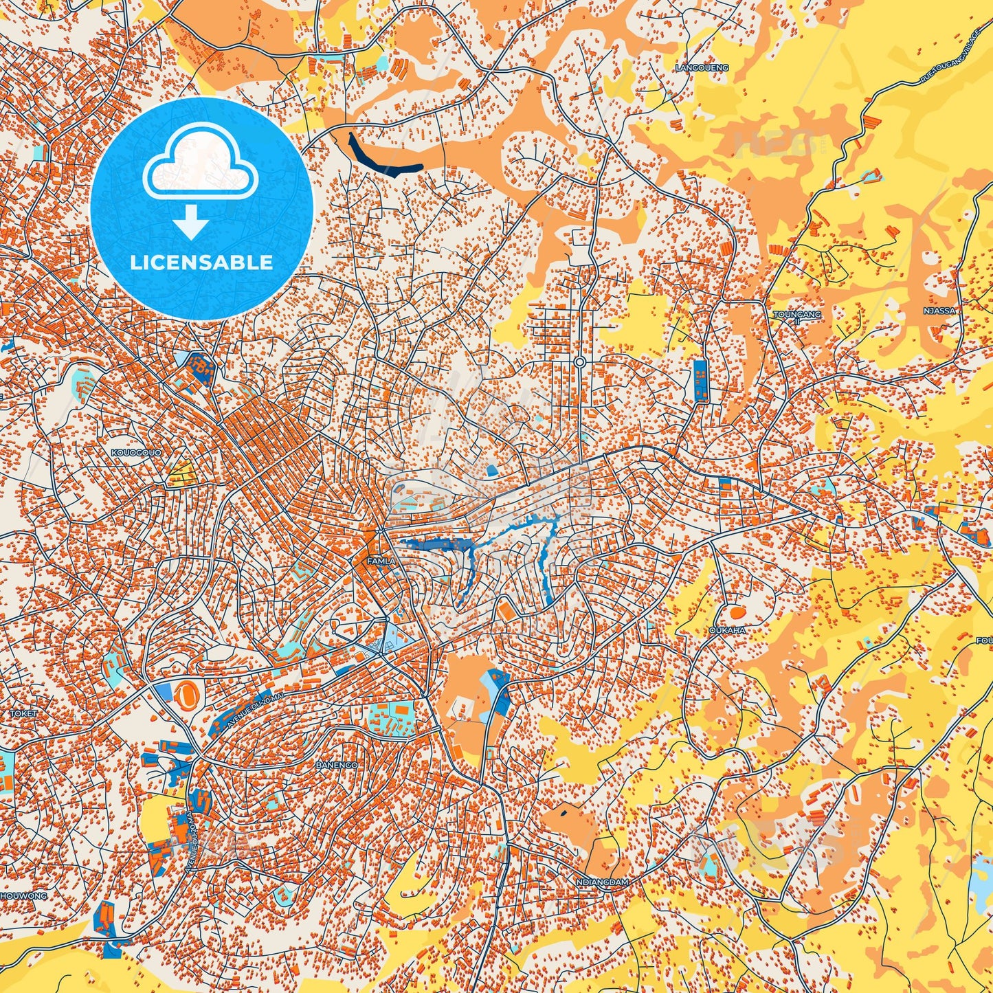 Colorful Bafoussam Street Map with Labels and Buildings