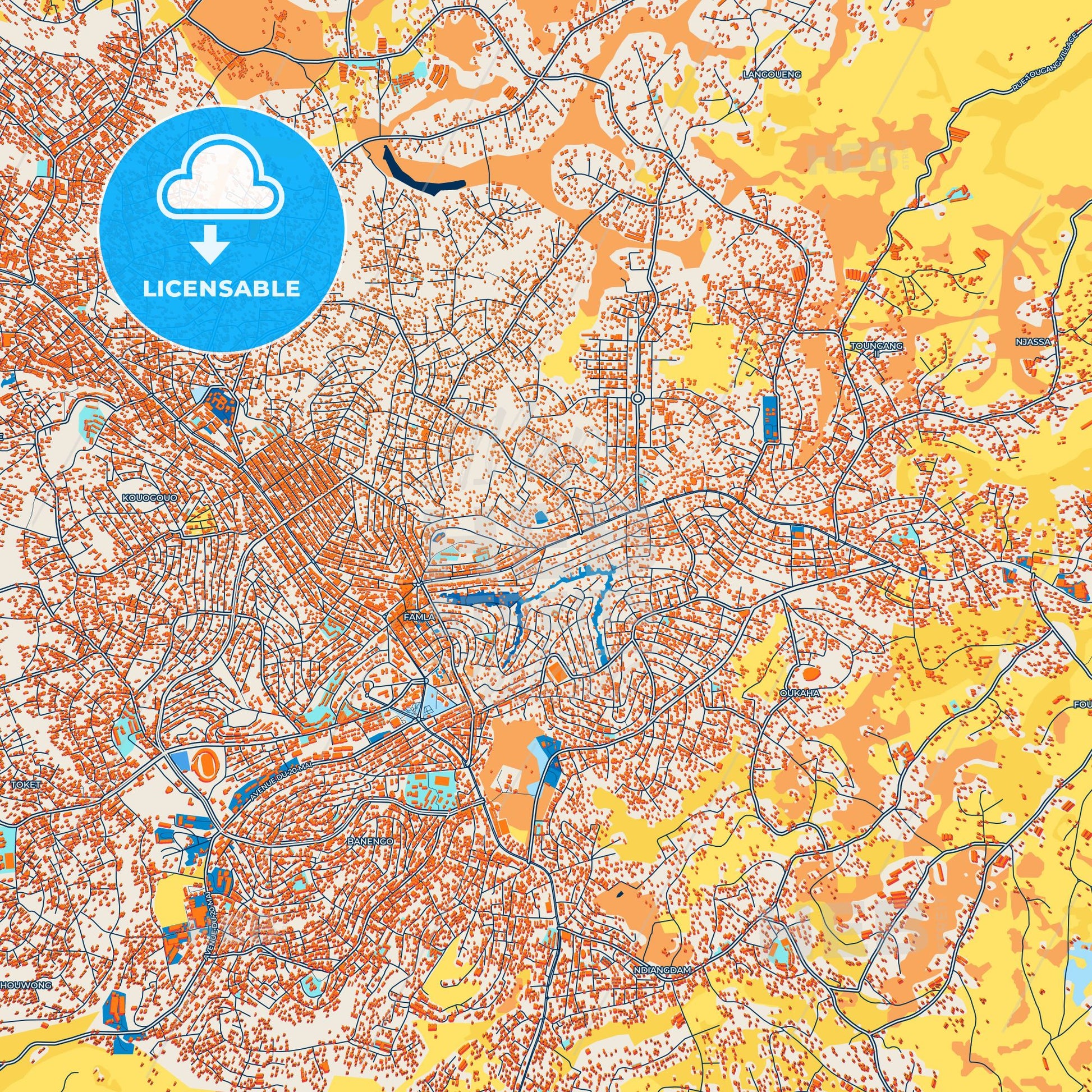 Colorful Bafoussam Street Map with Labels and Buildings