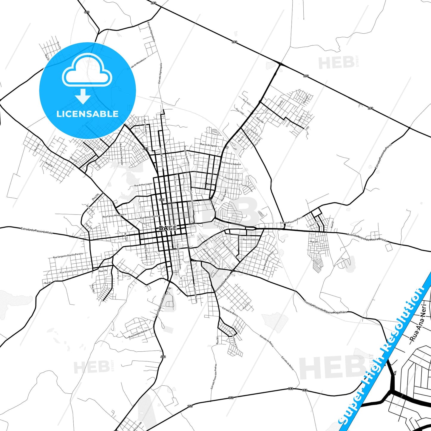 Bage, Brazil Light Map with Street Names, City Names, and Districts