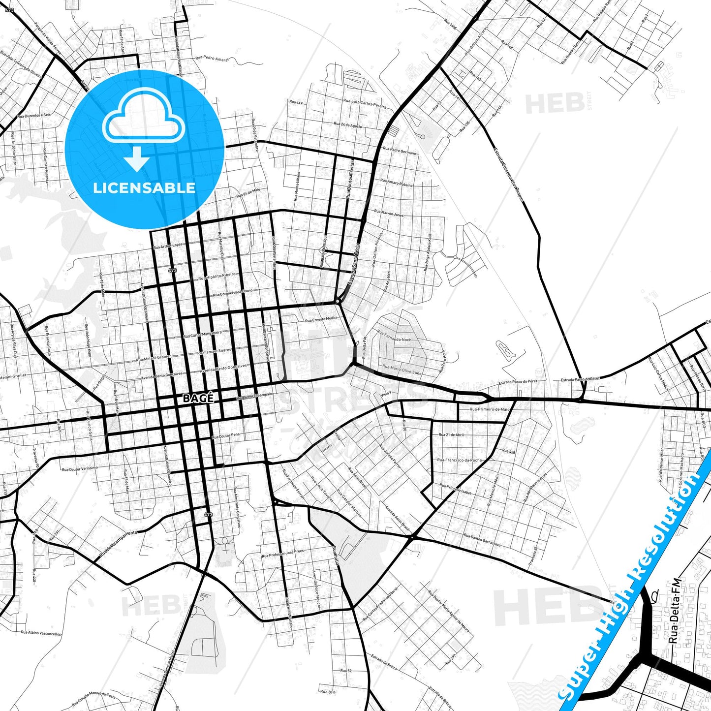 Bage, Brazil Light Map with Street Names, City Names, and Districts