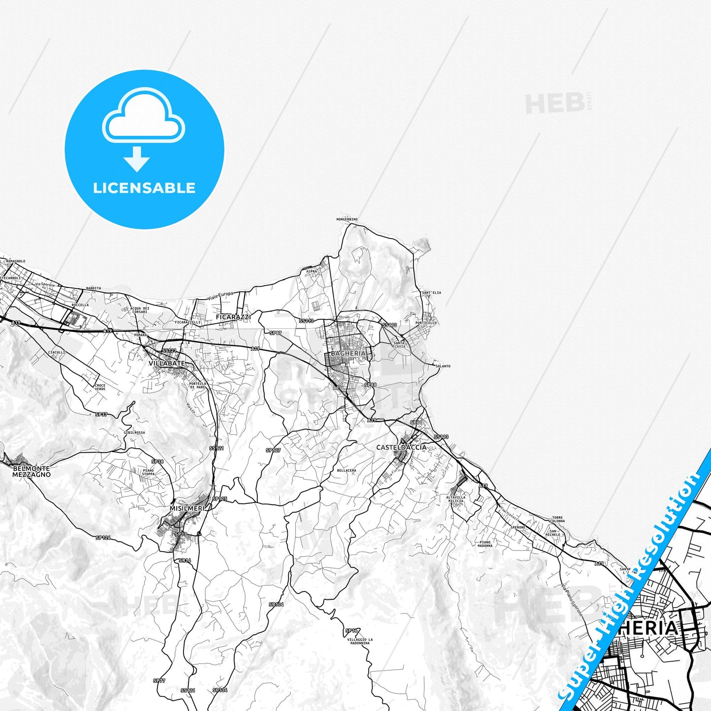 Bagheria, Italy light map with streetnames, citynames and districts