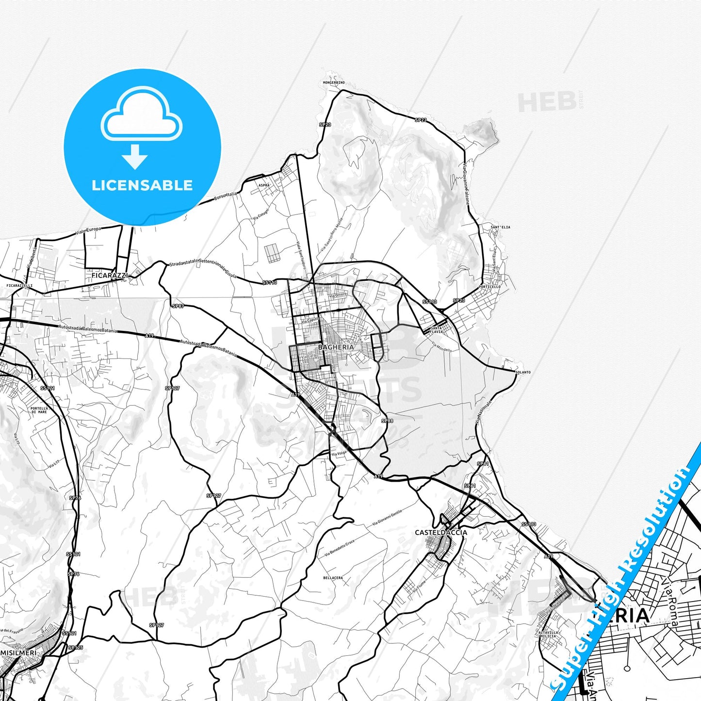 Bagheria, Italy Light Map with Street Names, City Names, and Districts
