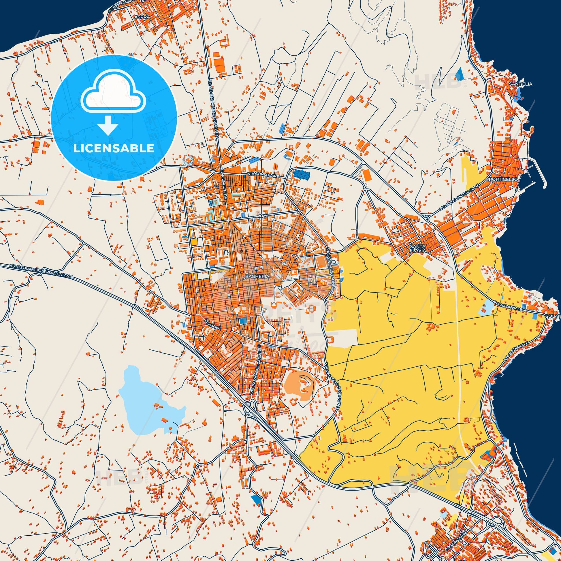 Colorful Bagheria Street Map with Labels and Buildings