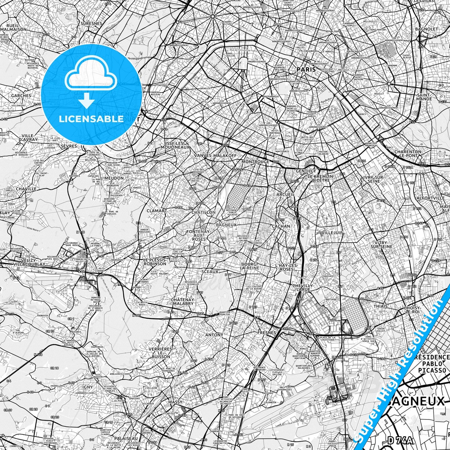 Bagneux, France light map with streetnames, citynames and districts