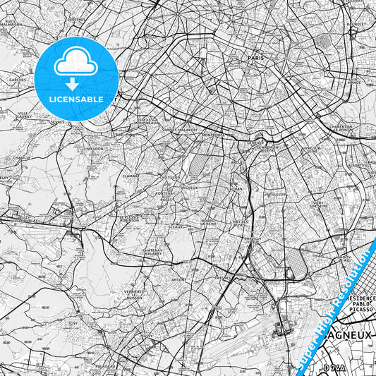 Bagneux, France light map with streetnames, citynames and districts