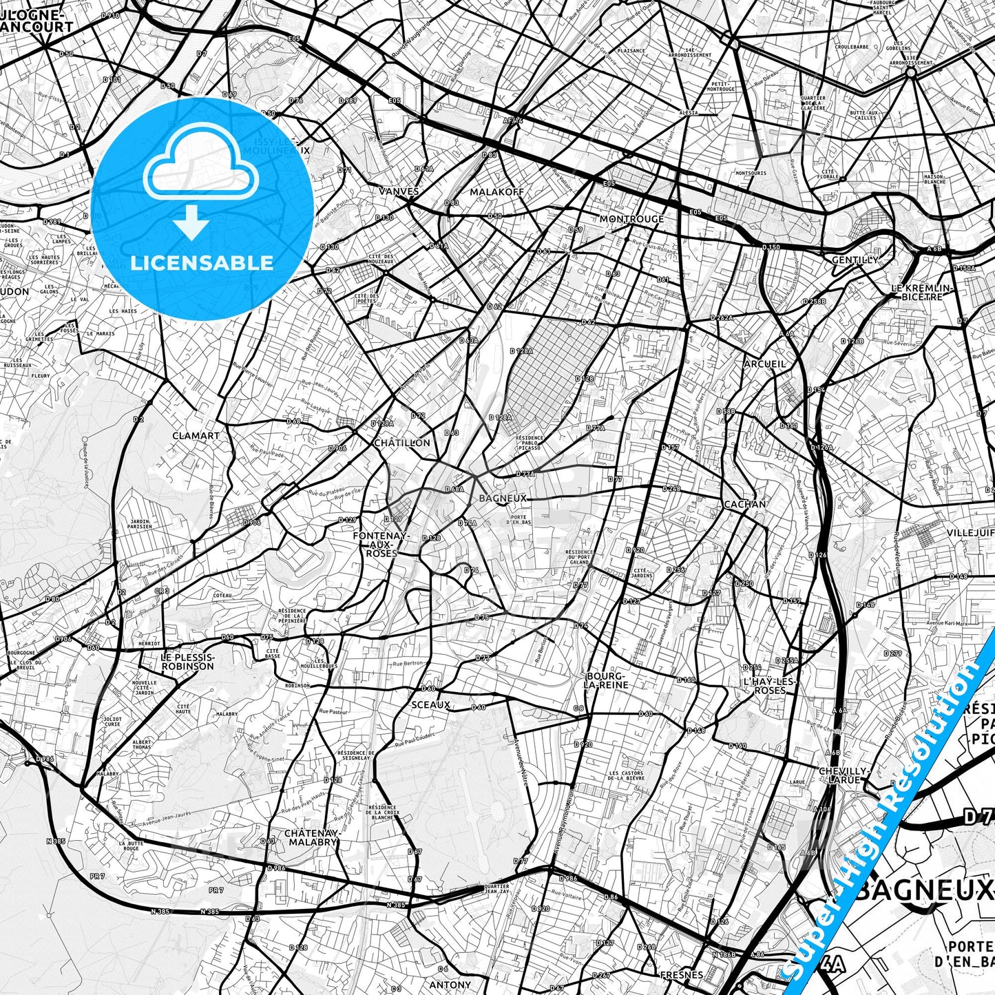 Bagneux, France Light Map with Street Names, City Names, and Districts