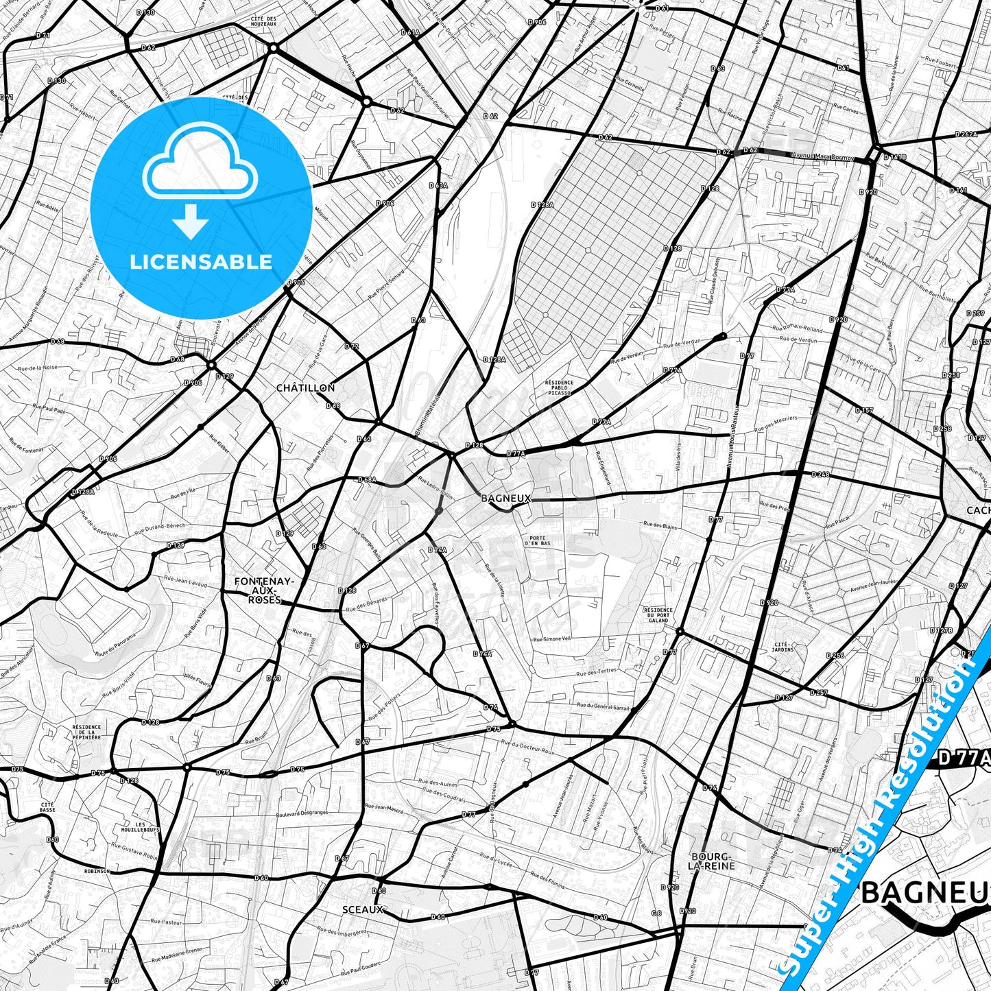 Bagneux, France Light Map with Street Names, City Names, and Districts
