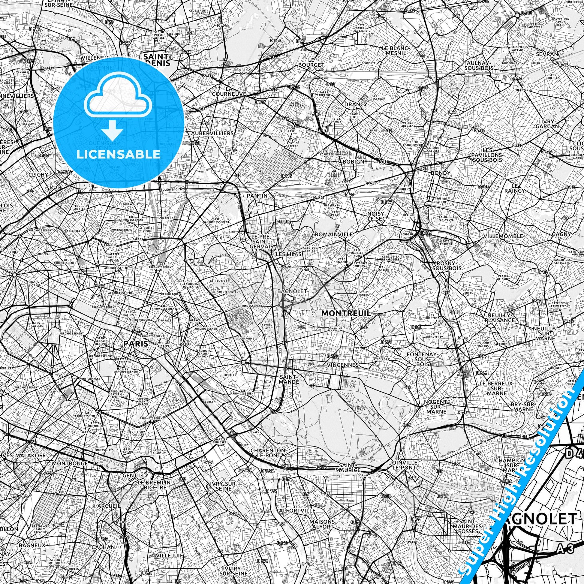 Bagnolet, France light map with streetnames, citynames and districts