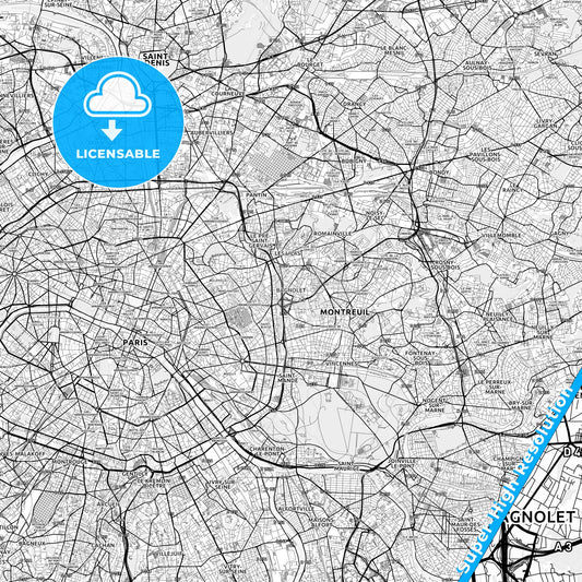 Bagnolet, France light map with streetnames, citynames and districts