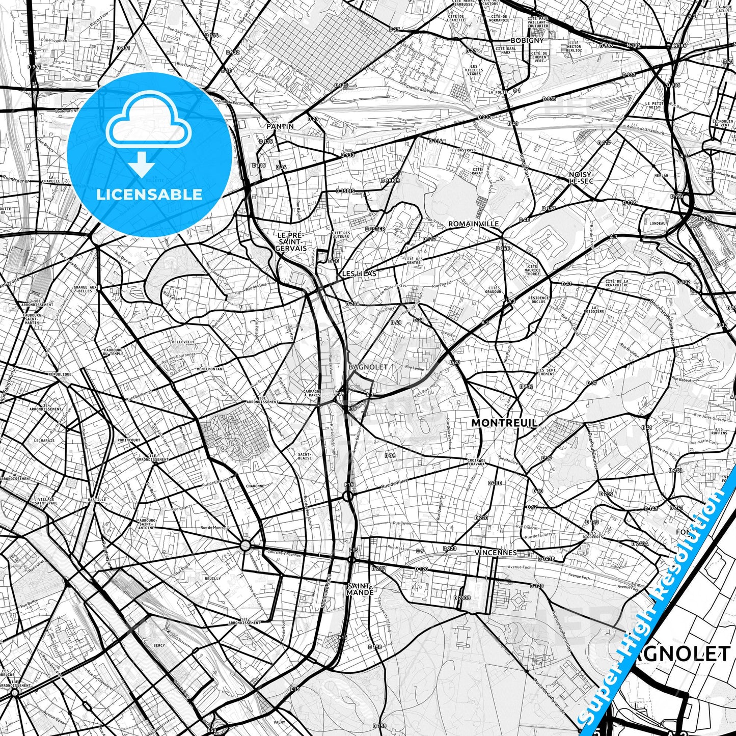 Bagnolet, France Light Map with Street Names, City Names, and Districts