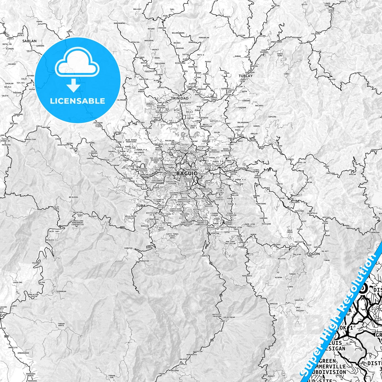 Baguio, Philippines light map with streetnames, citynames and districts