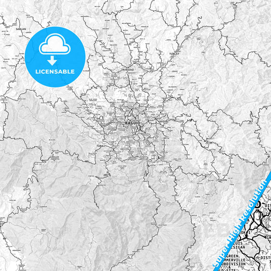 Baguio, Philippines light map with streetnames, citynames and districts