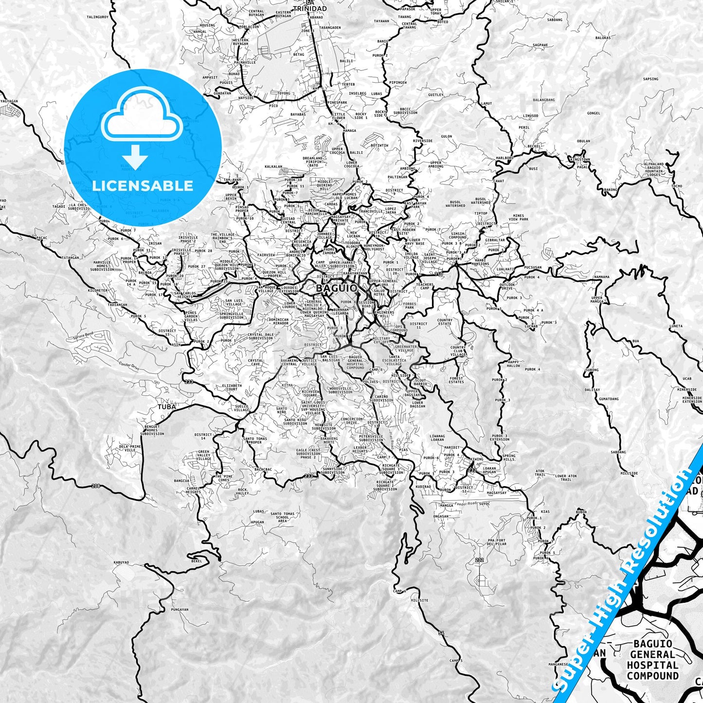 Baguio, Philippines Light Map with Street Names, City Names, and Districts