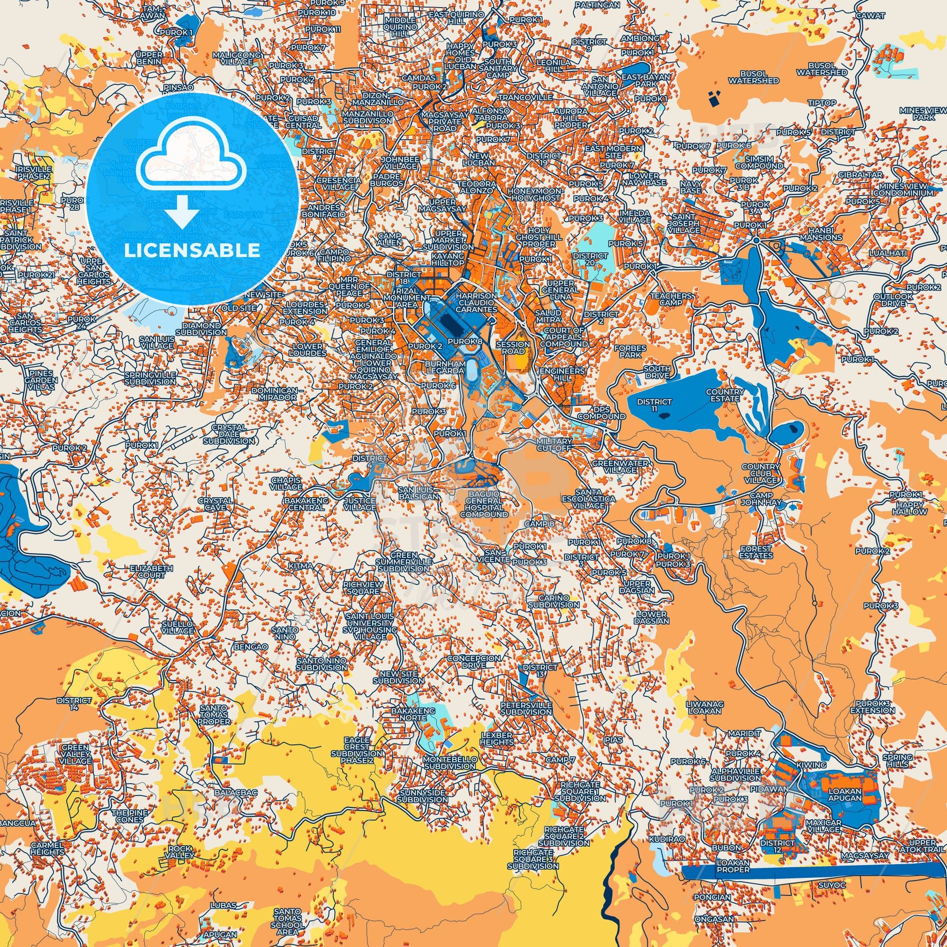 Colorful Baguio Street Map with Labels and Buildings