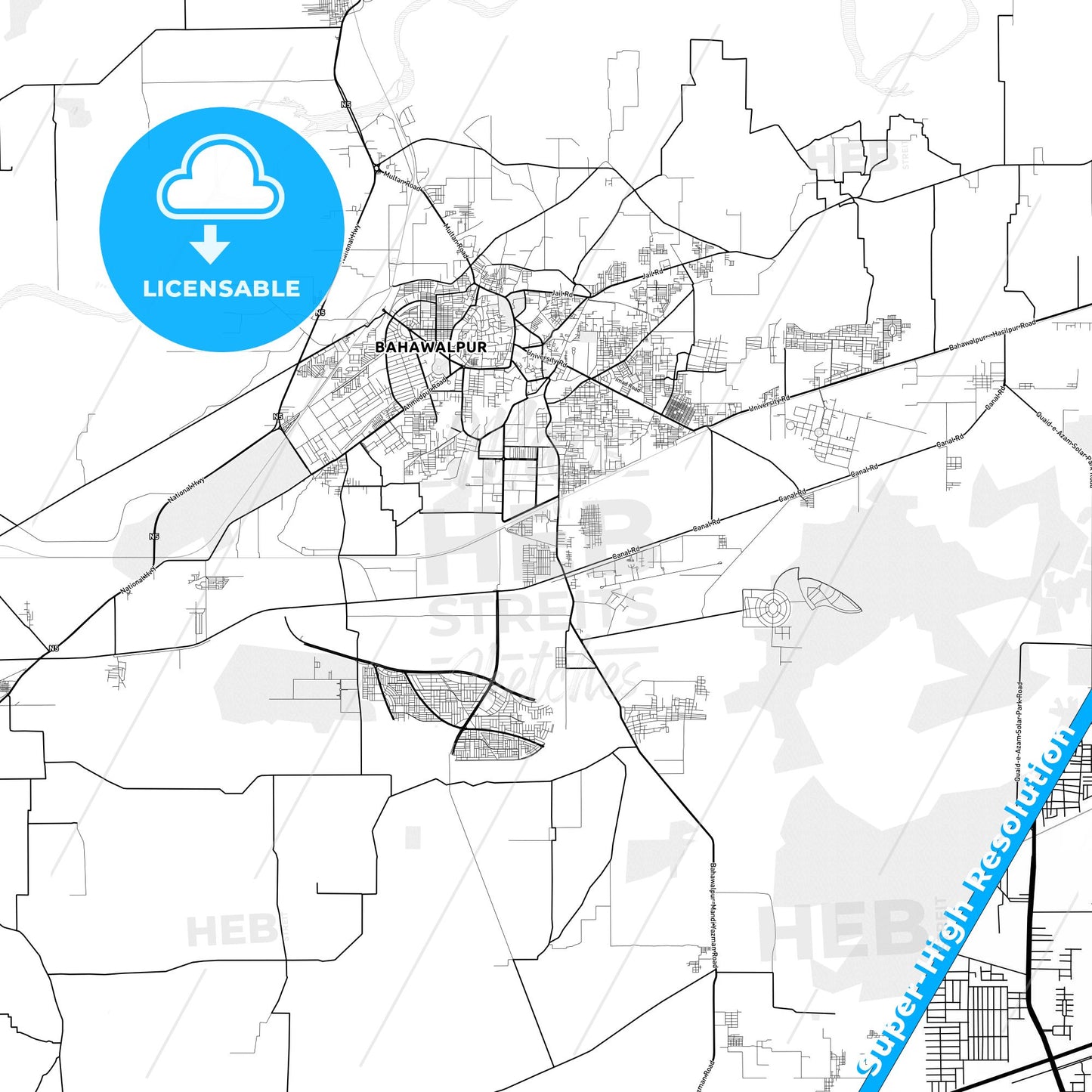 Bahawalpur, Pakistan light map with streetnames, citynames and districts