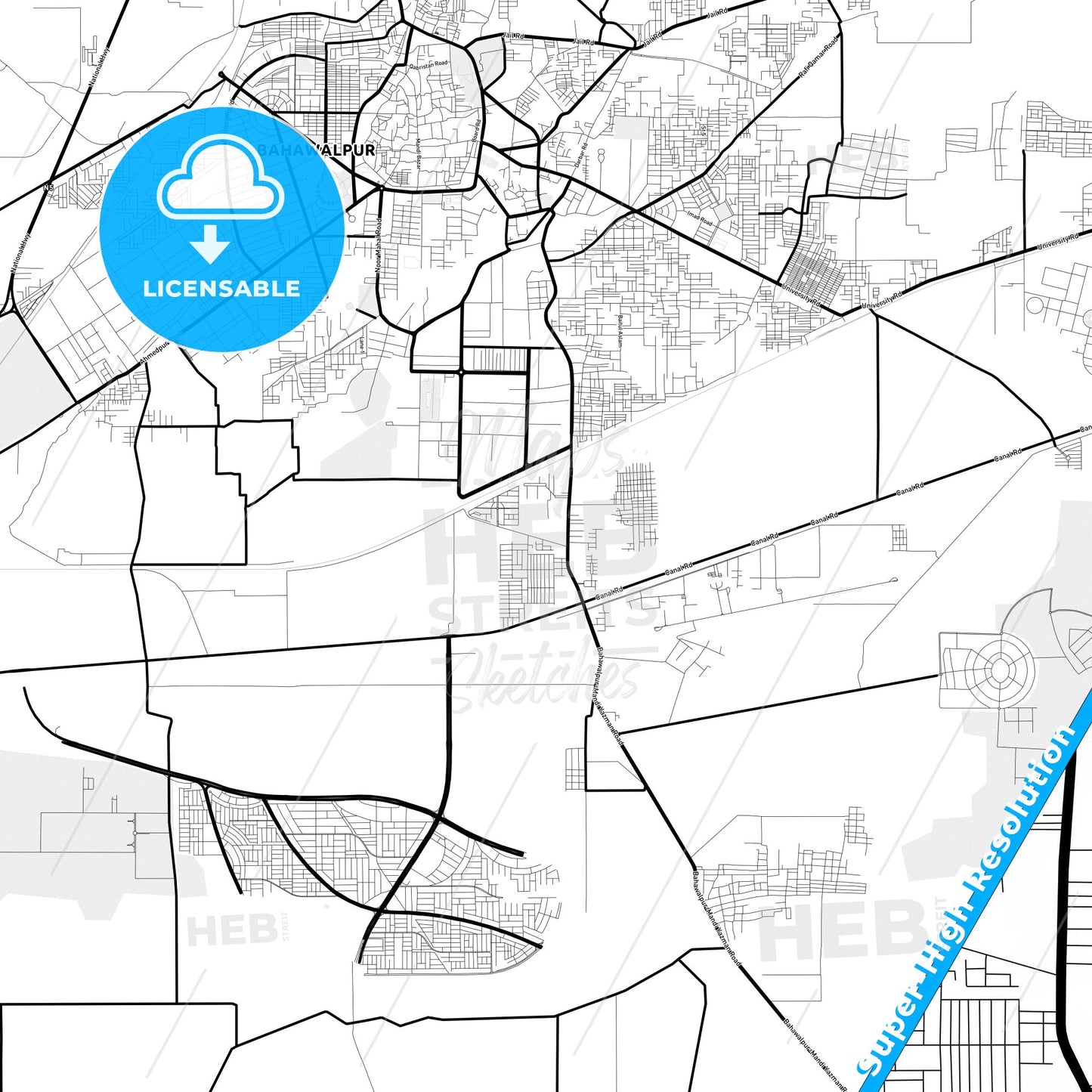 Bahawalpur, Pakistan Light Map with Street Names, City Names, and Districts