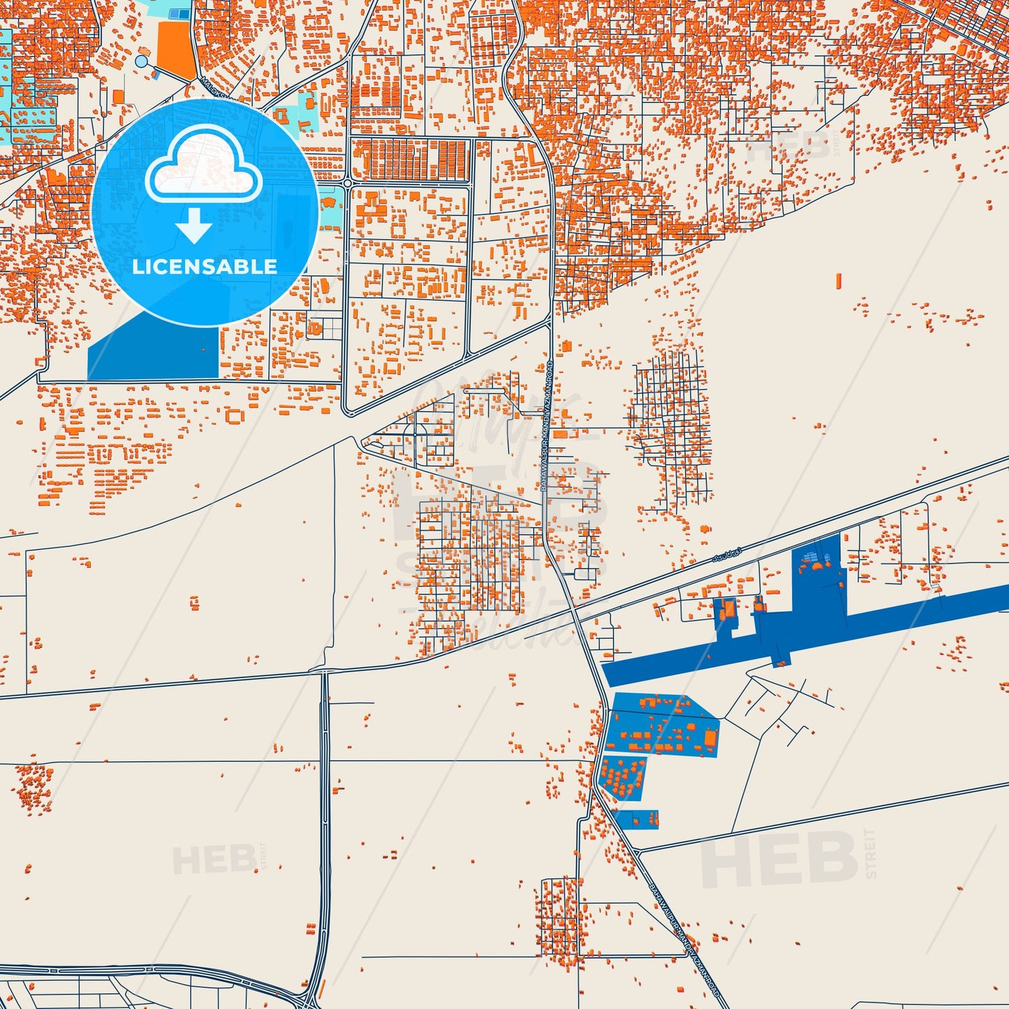 Colorful Bahawalpur Street Map with Labels and Buildings
