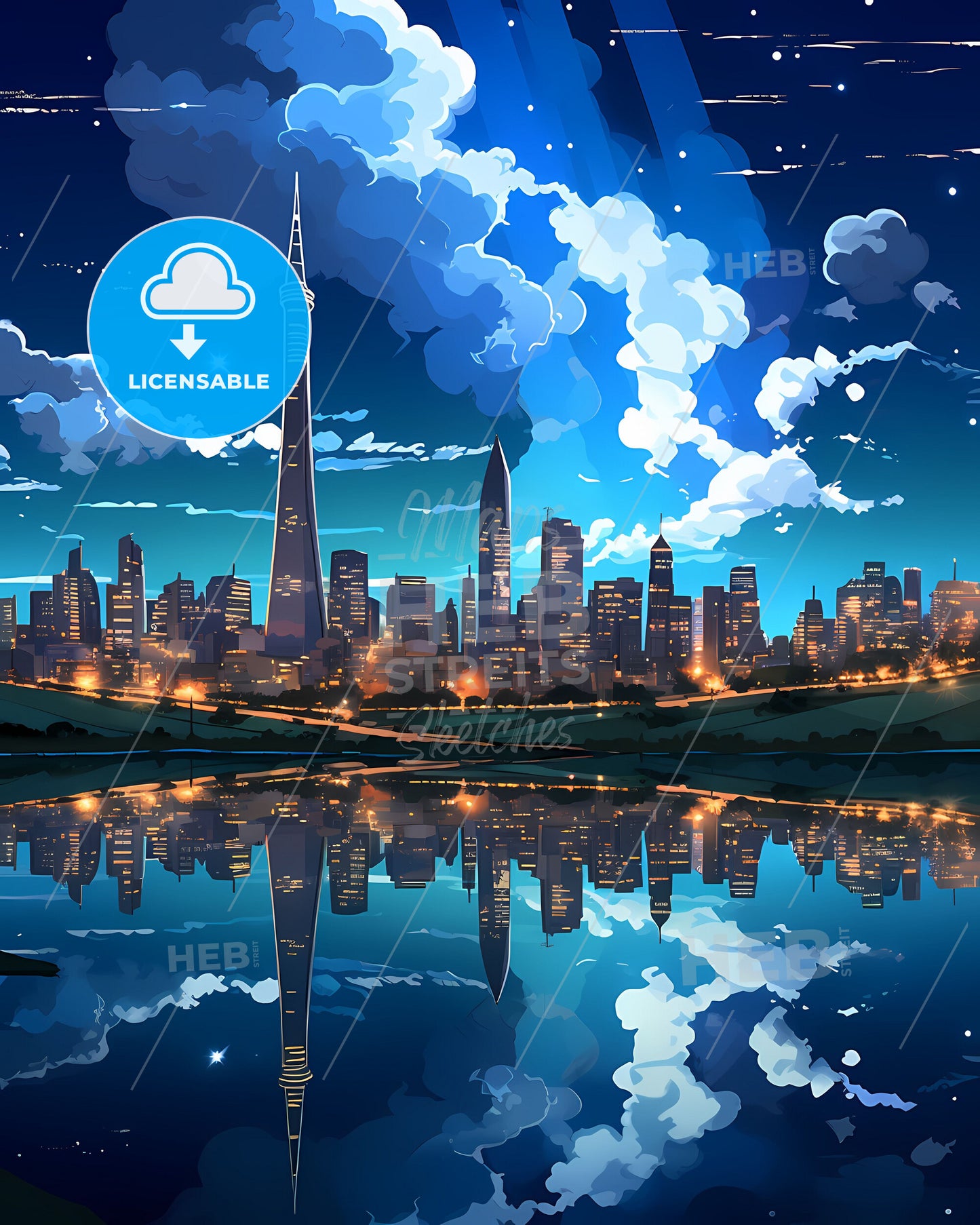 Bahia Blanca Argentina City Skyline Painting Art Tower Water Body Urban Scenery Vibrant Colors