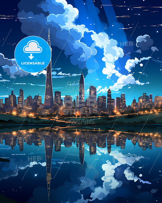 Bahia Blanca Argentina City Skyline Painting Art Tower Water Body Urban Scenery Vibrant Colors