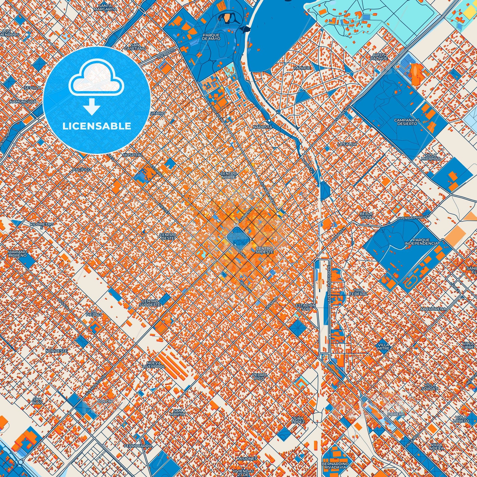 Colorful Bahia Blanca Street Map with Labels and Buildings