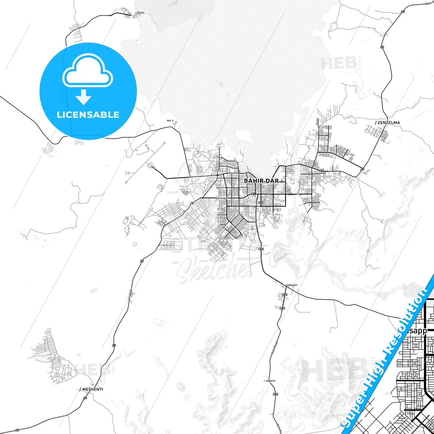 Bahir Dar, Ethiopia light map with streetnames, citynames and districts