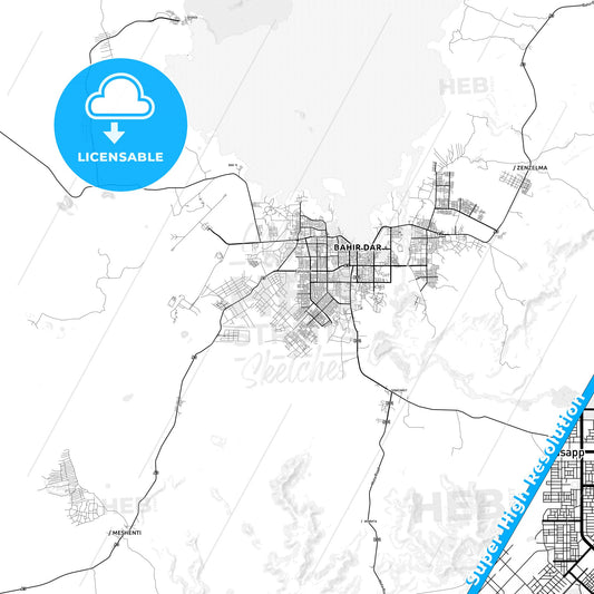Bahir Dar, Ethiopia light map with streetnames, citynames and districts