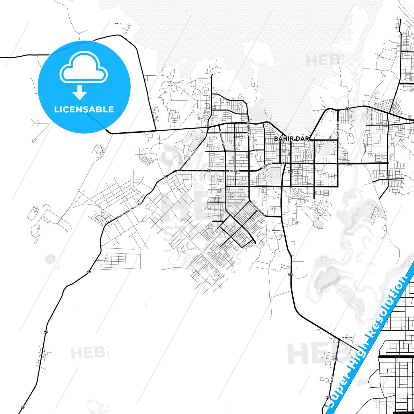 Bahir Dar, Ethiopia Light Map with Street Names, City Names, and Districts