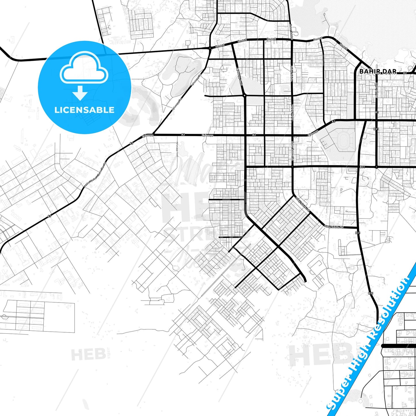 Bahir Dar, Ethiopia Light Map with Street Names, City Names, and Districts