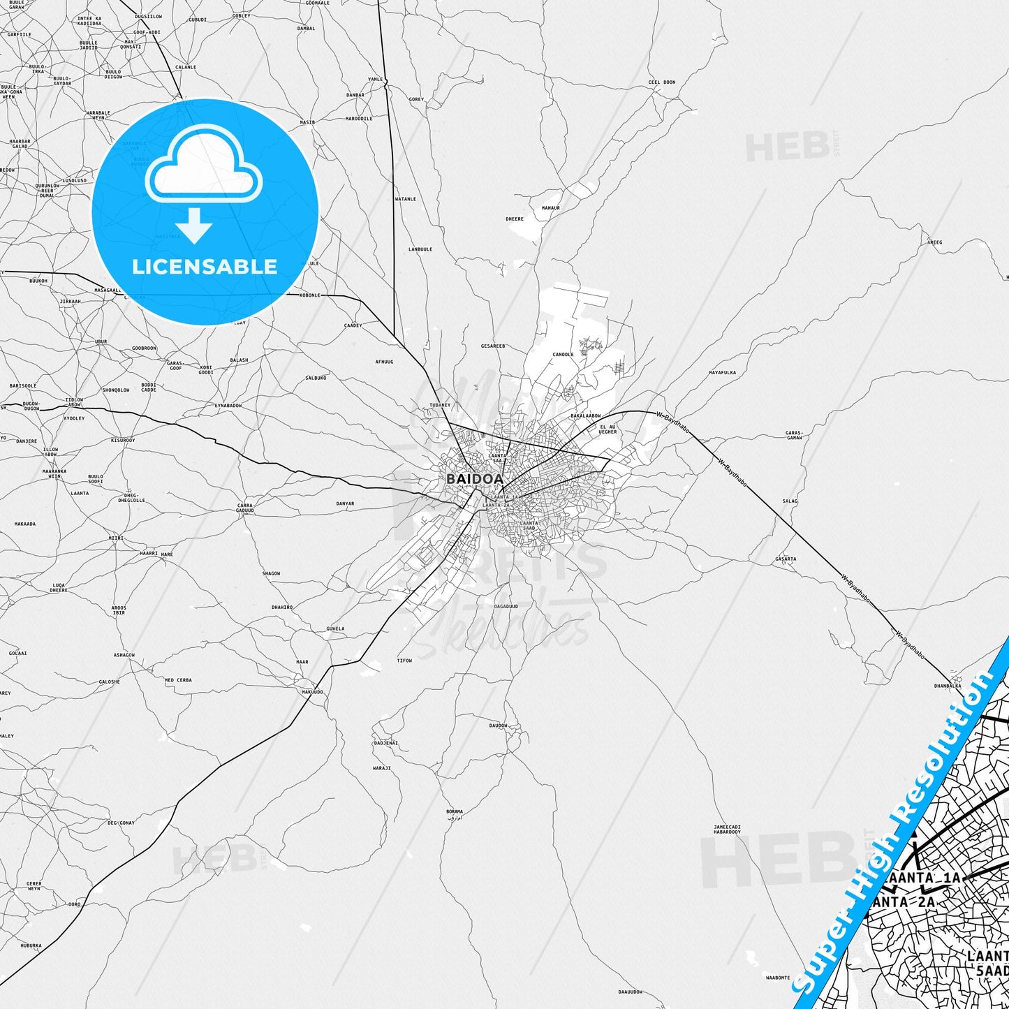 Baidoa, Somalia light map with streetnames, citynames and districts