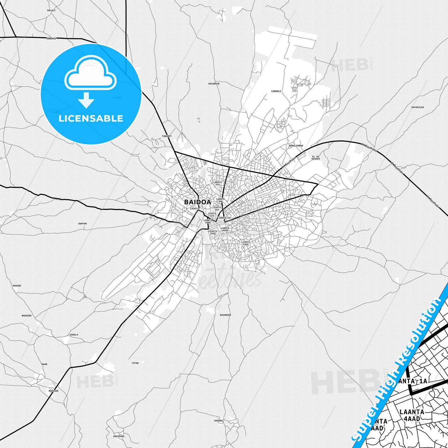 Baidoa, Somalia Light Map with Street Names, City Names, and Districts