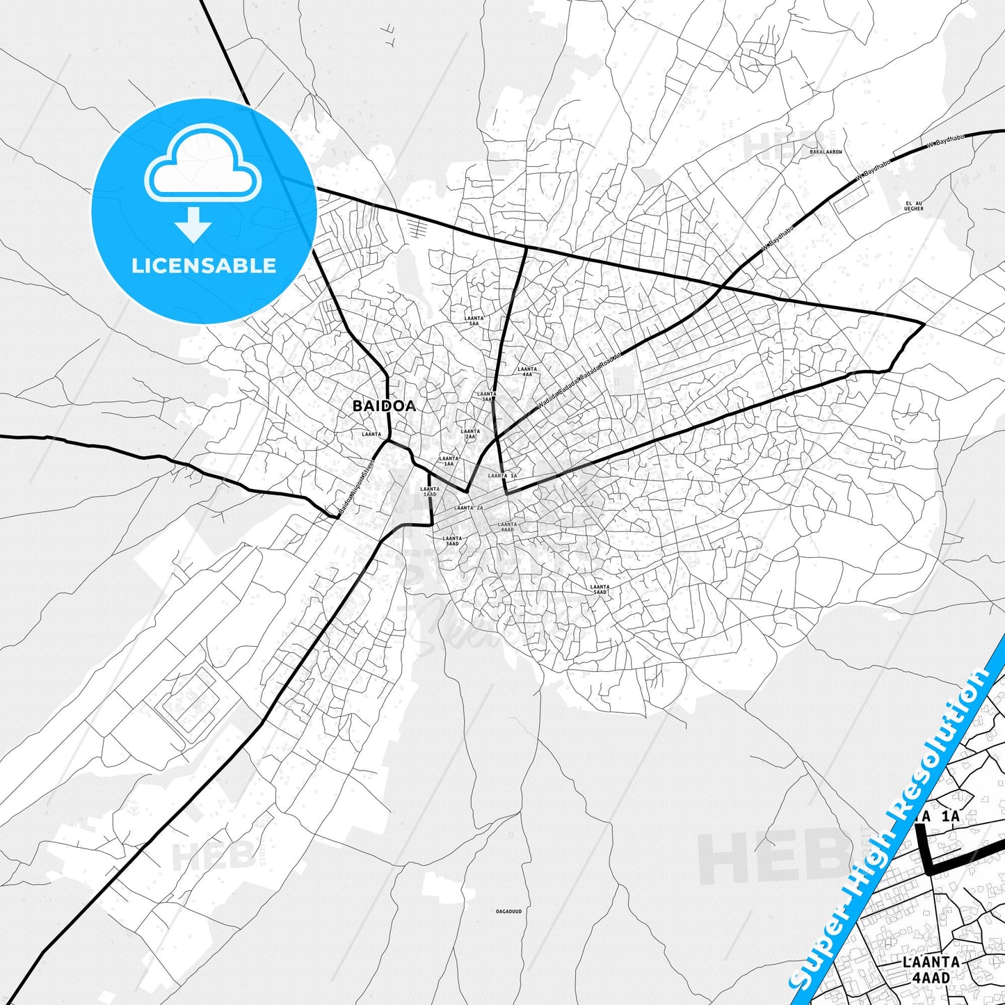 Baidoa, Somalia Light Map with Street Names, City Names, and Districts