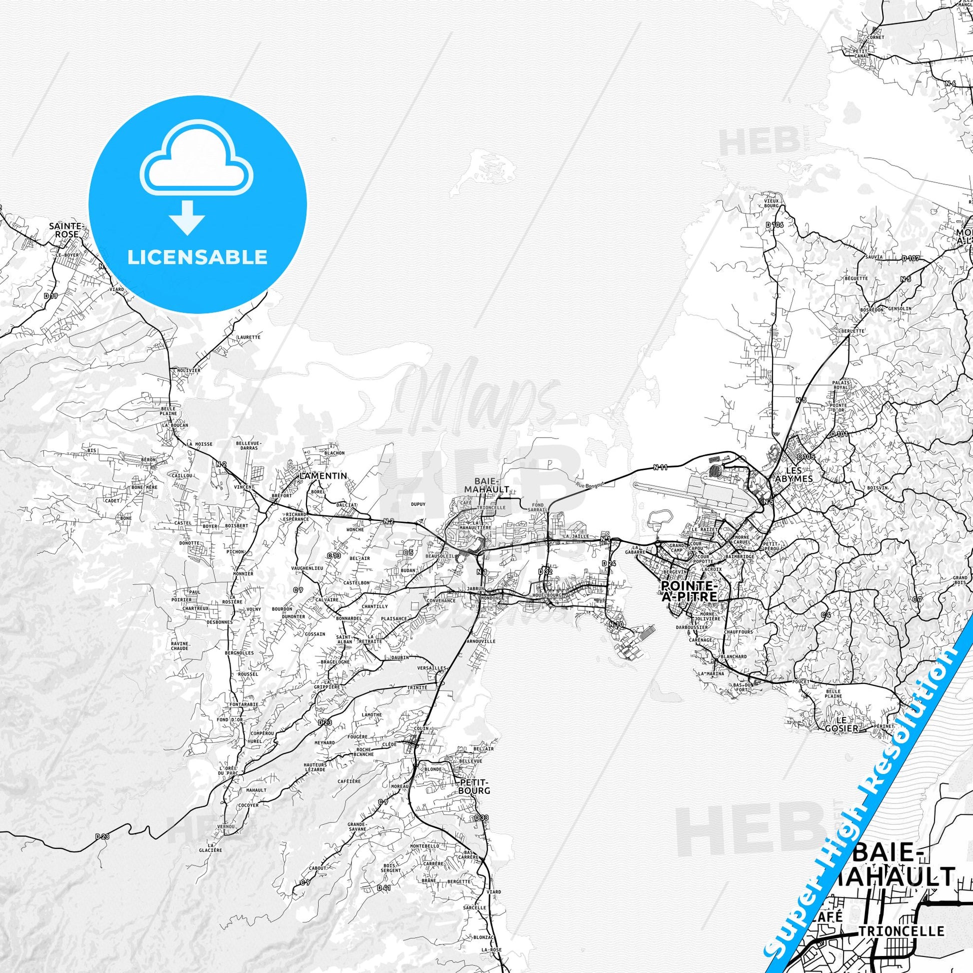 Baie-Mahault, France light map with streetnames, citynames and districts