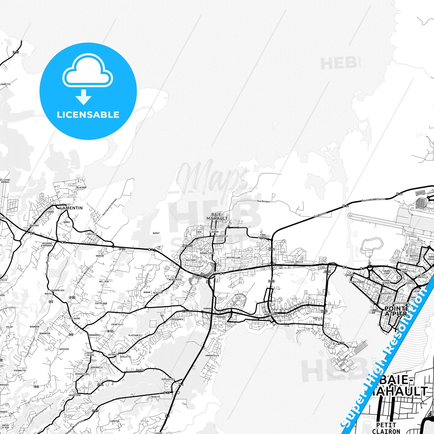 Baie-Mahault, France Light Map with Street Names, City Names, and Districts