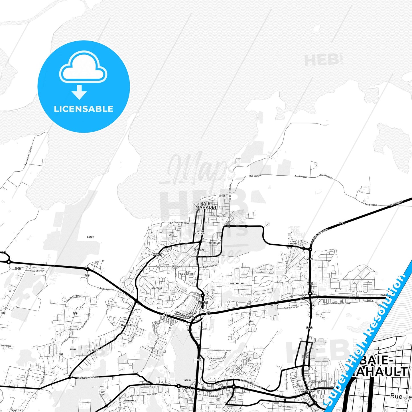 Baie-Mahault, France Light Map with Street Names, City Names, and Districts