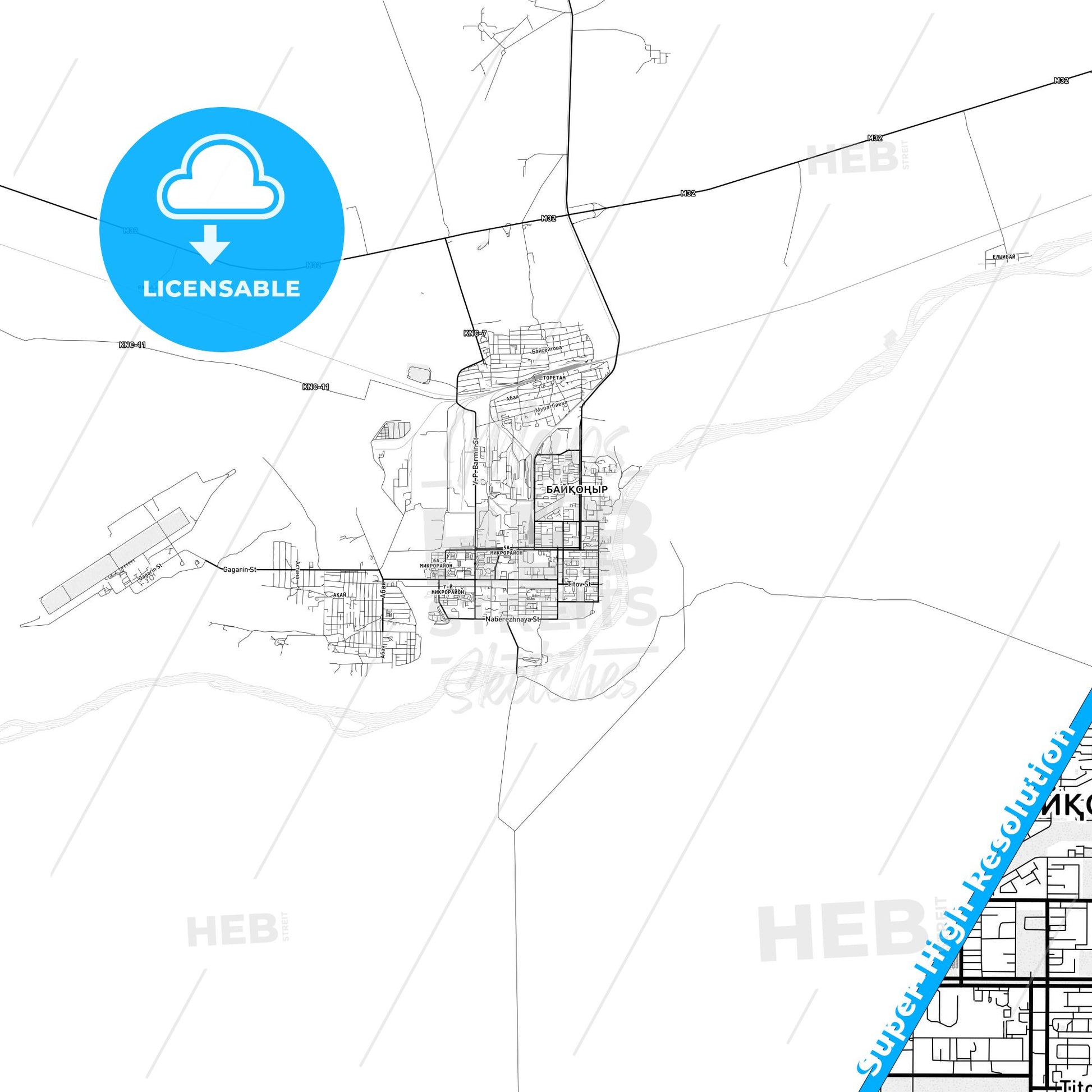 Baikonur, Kazakhstan light map with streetnames, citynames and districts
