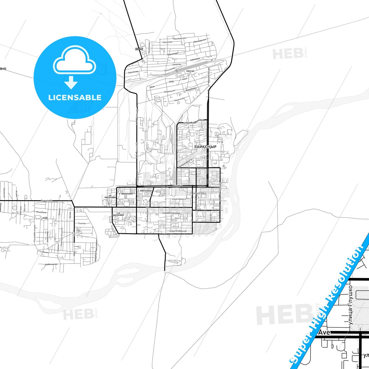 Baikonur, Kazakhstan Light Map with Street Names, City Names, and Districts