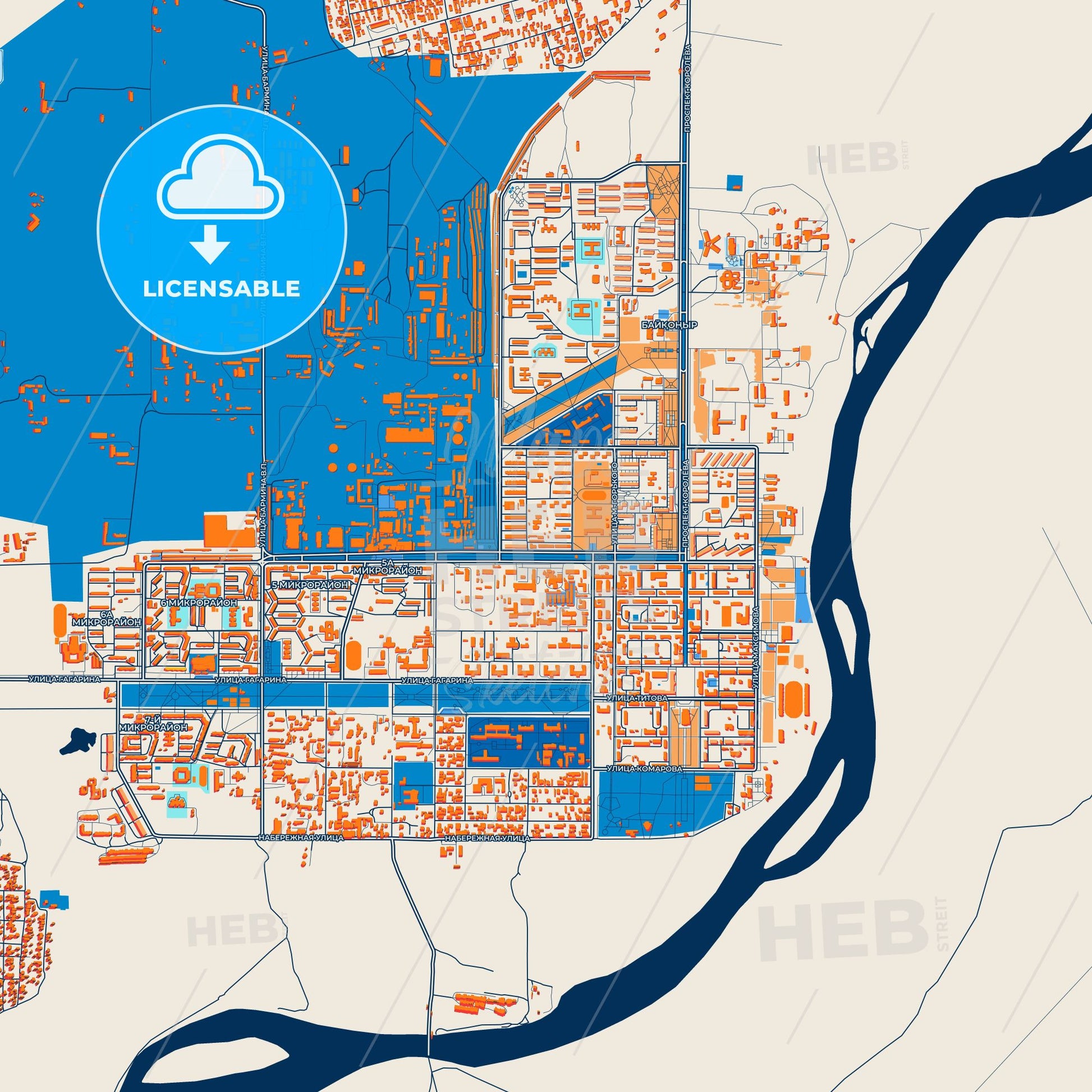 Colorful Baikonur Street Map with Labels and Buildings