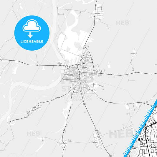 Baja, Hungary light map with streetnames, citynames and districts