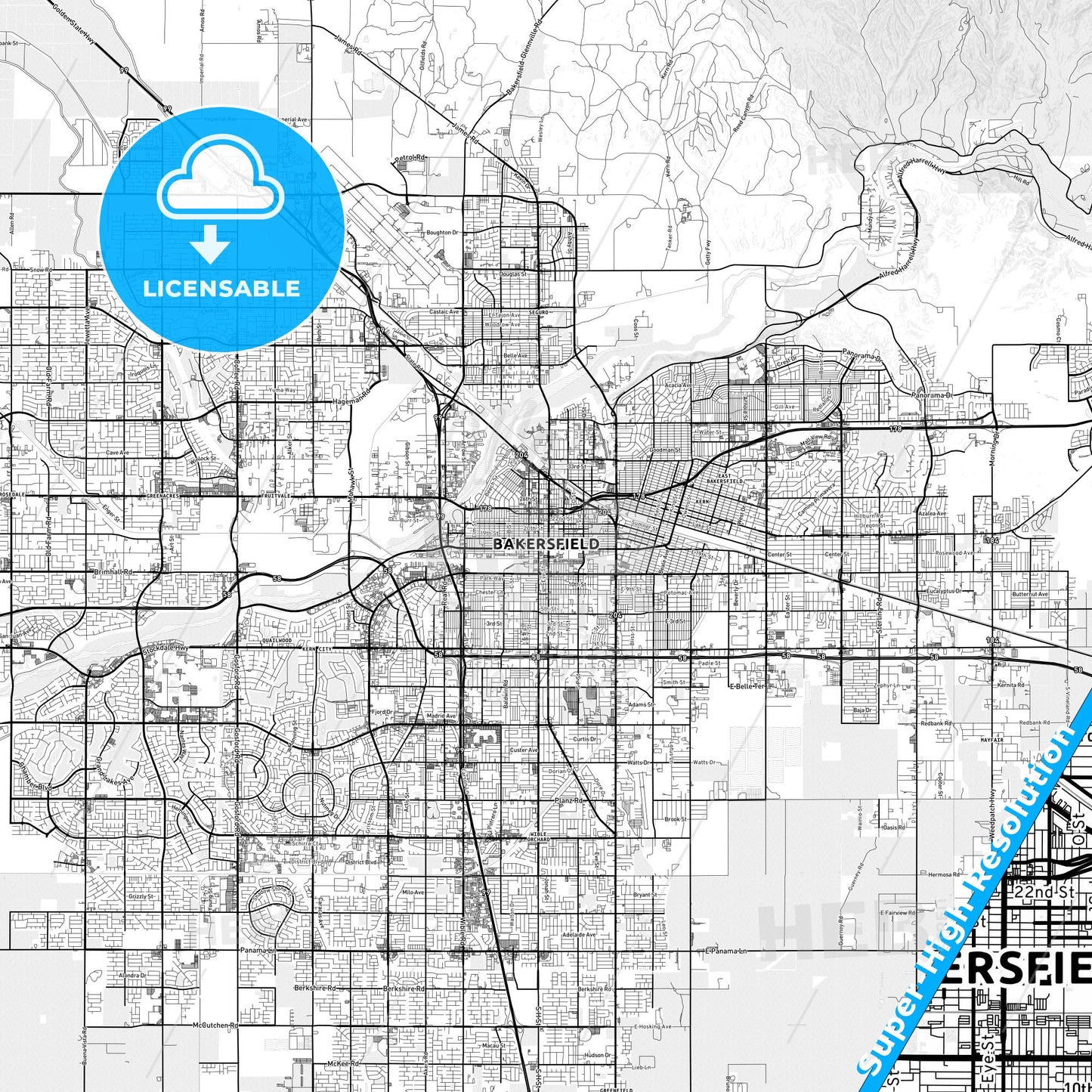 Bakersfield, California light map with streetnames, citynames and districts