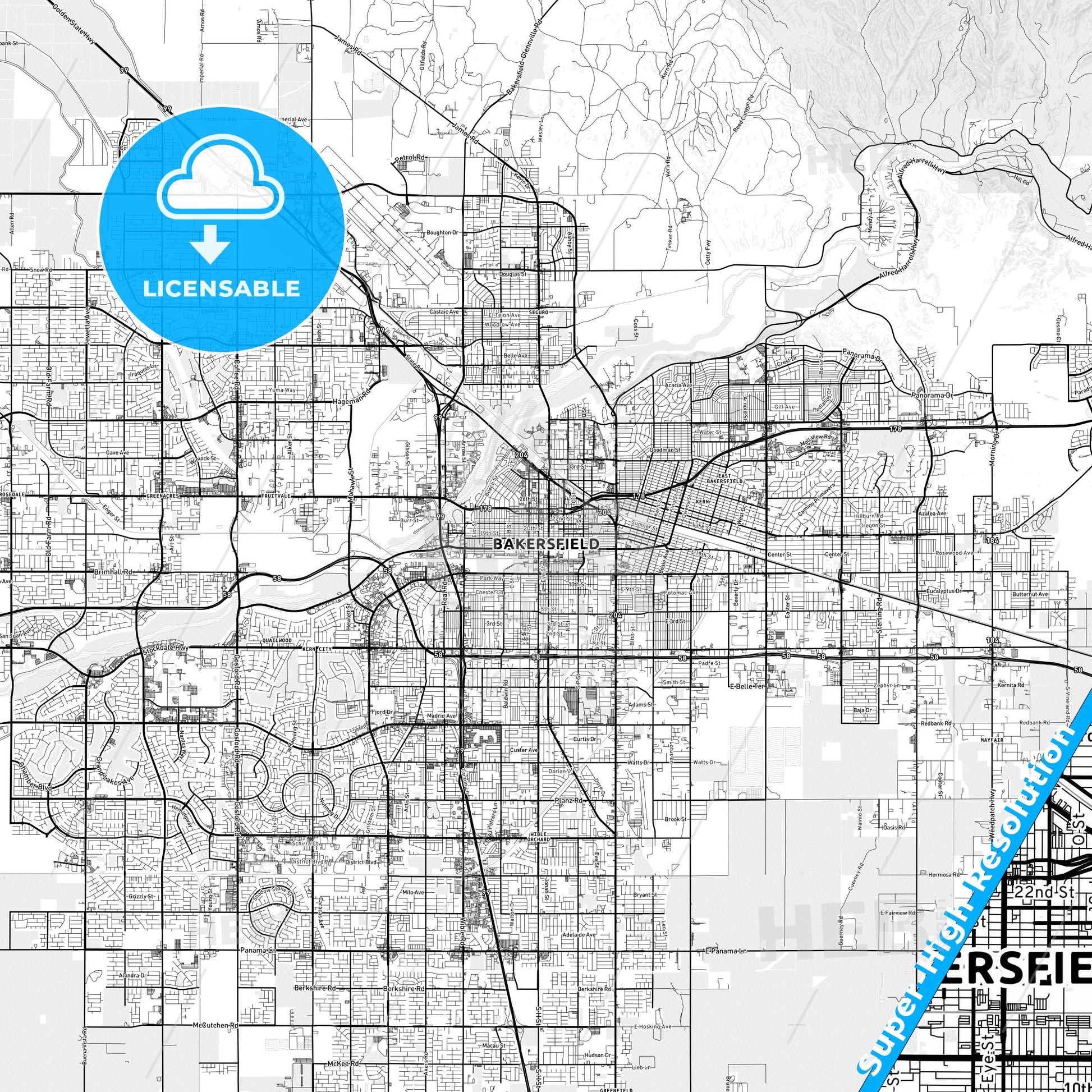 Bakersfield, California light map with streetnames, citynames and districts