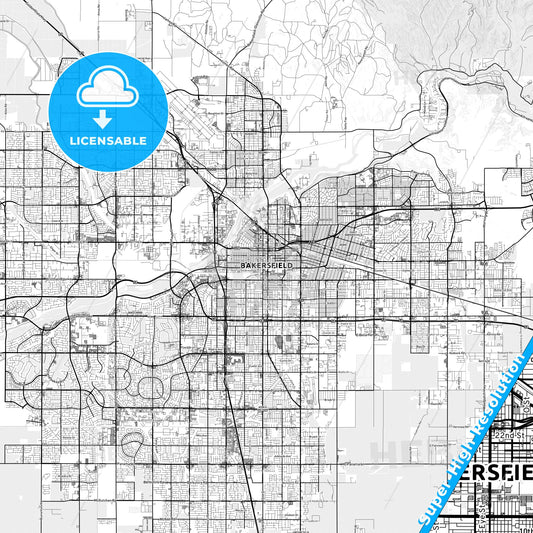 Bakersfield, California light map with streetnames, citynames and districts