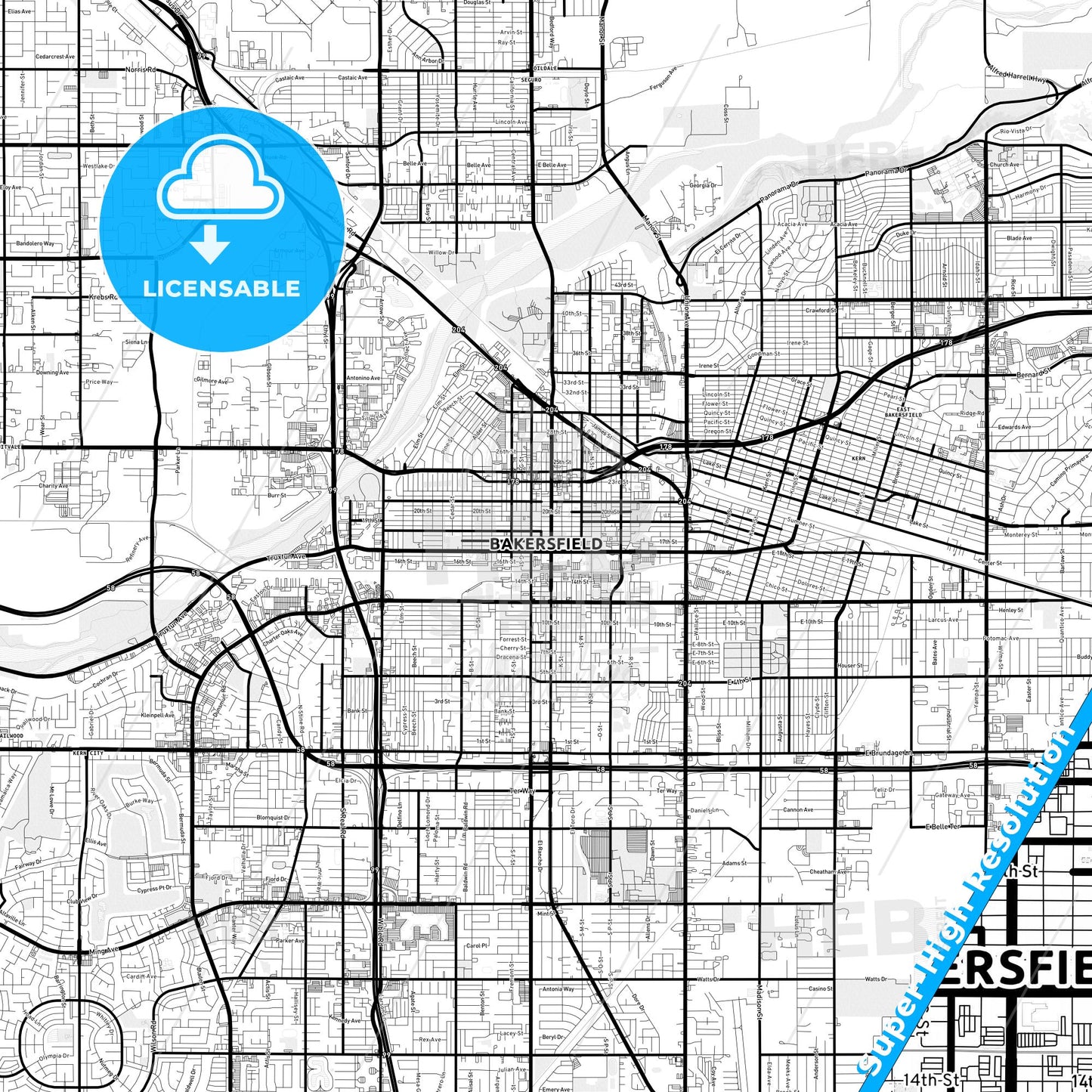 Bakersfield, California Light Map with Street Names, City Names, and Districts