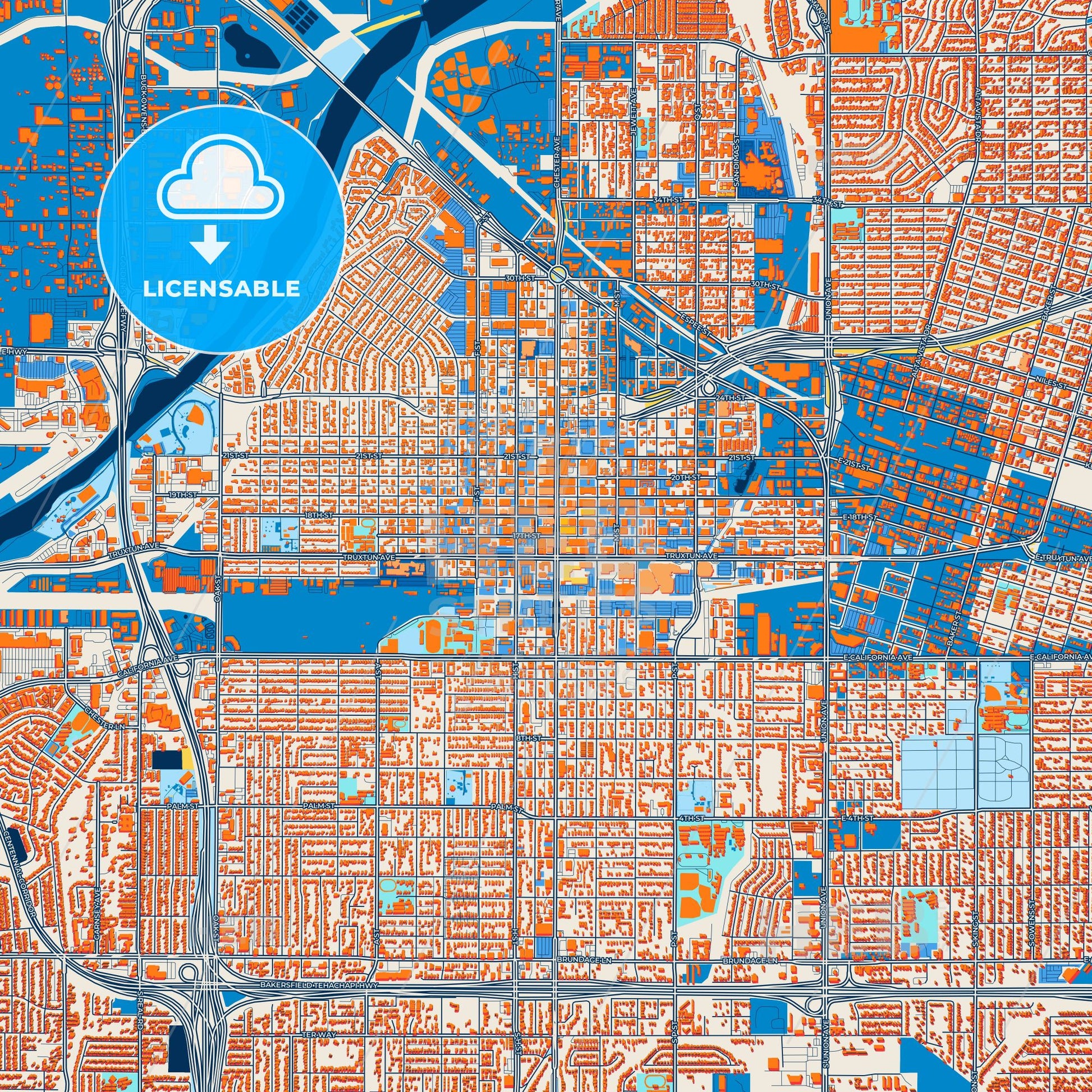 Colorful Bakersfield Street Map with Labels and Buildings