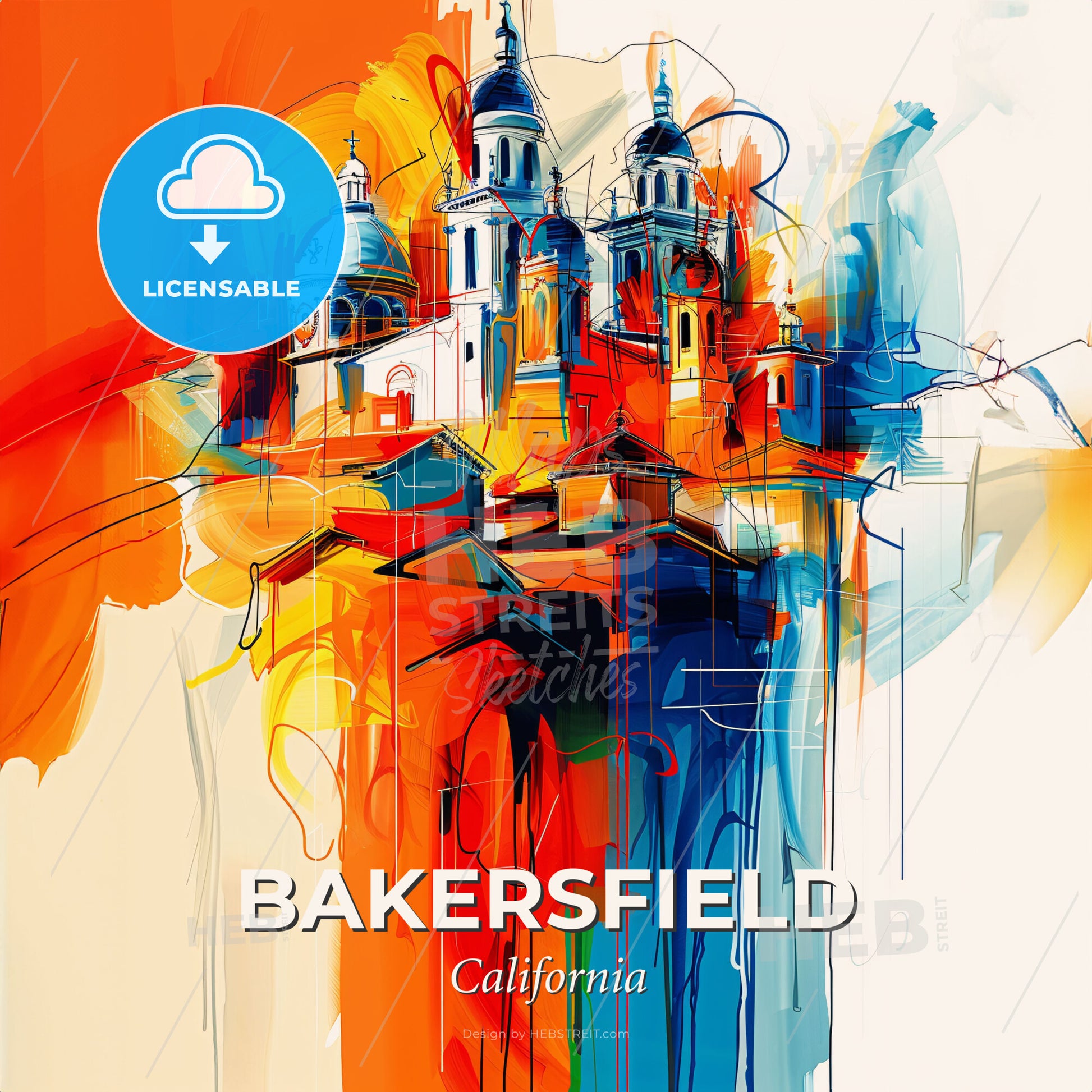 Vibrant Bakersfield, California - A Painting Of A Building With A Colorful Background - Square format print template