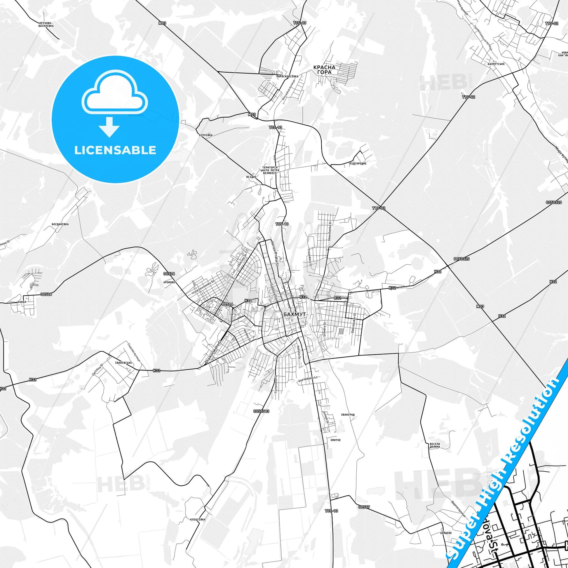 Bakhmut, Ukraine light map with streetnames, citynames and districts