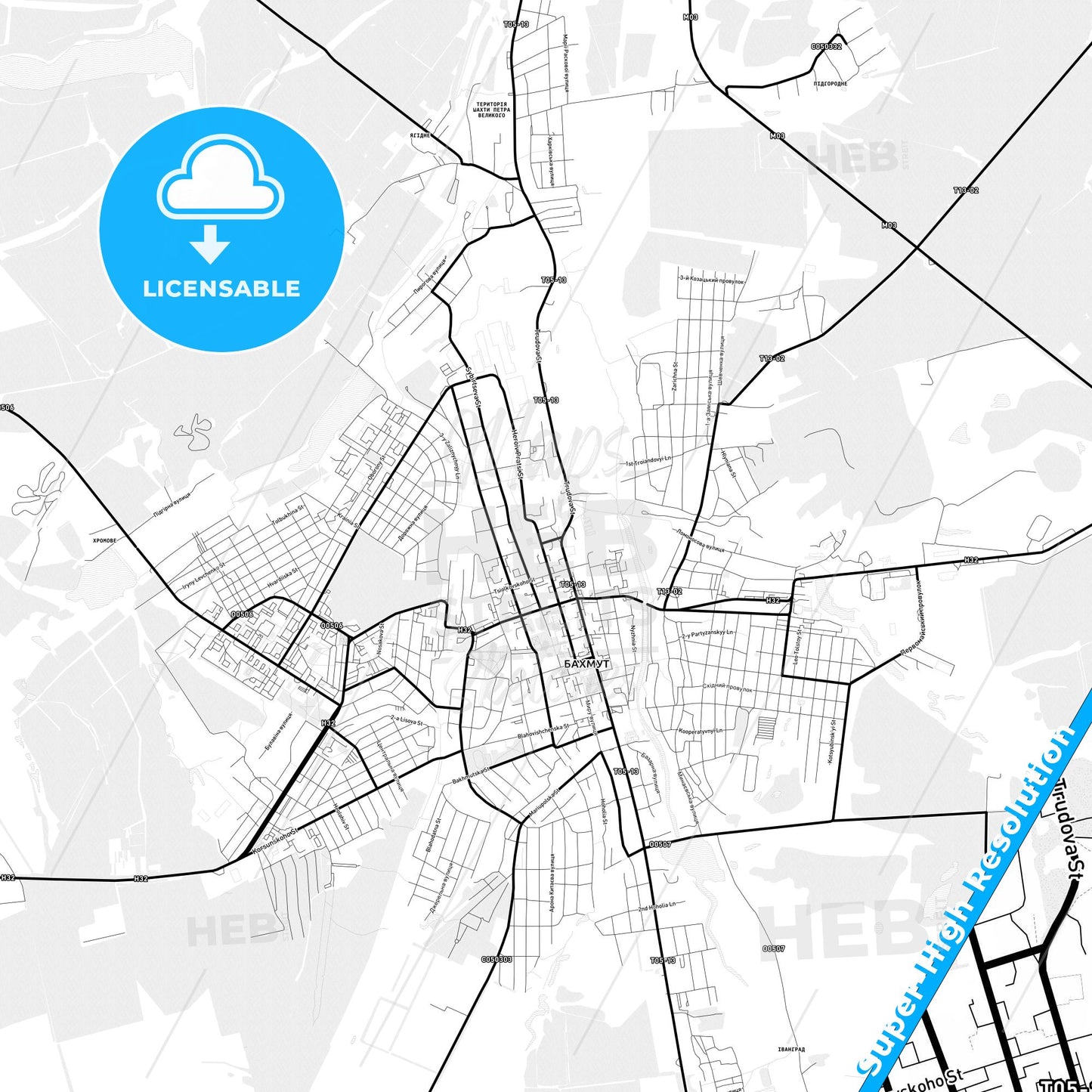 Bakhmut, Ukraine Light Map with Street Names, City Names, and Districts