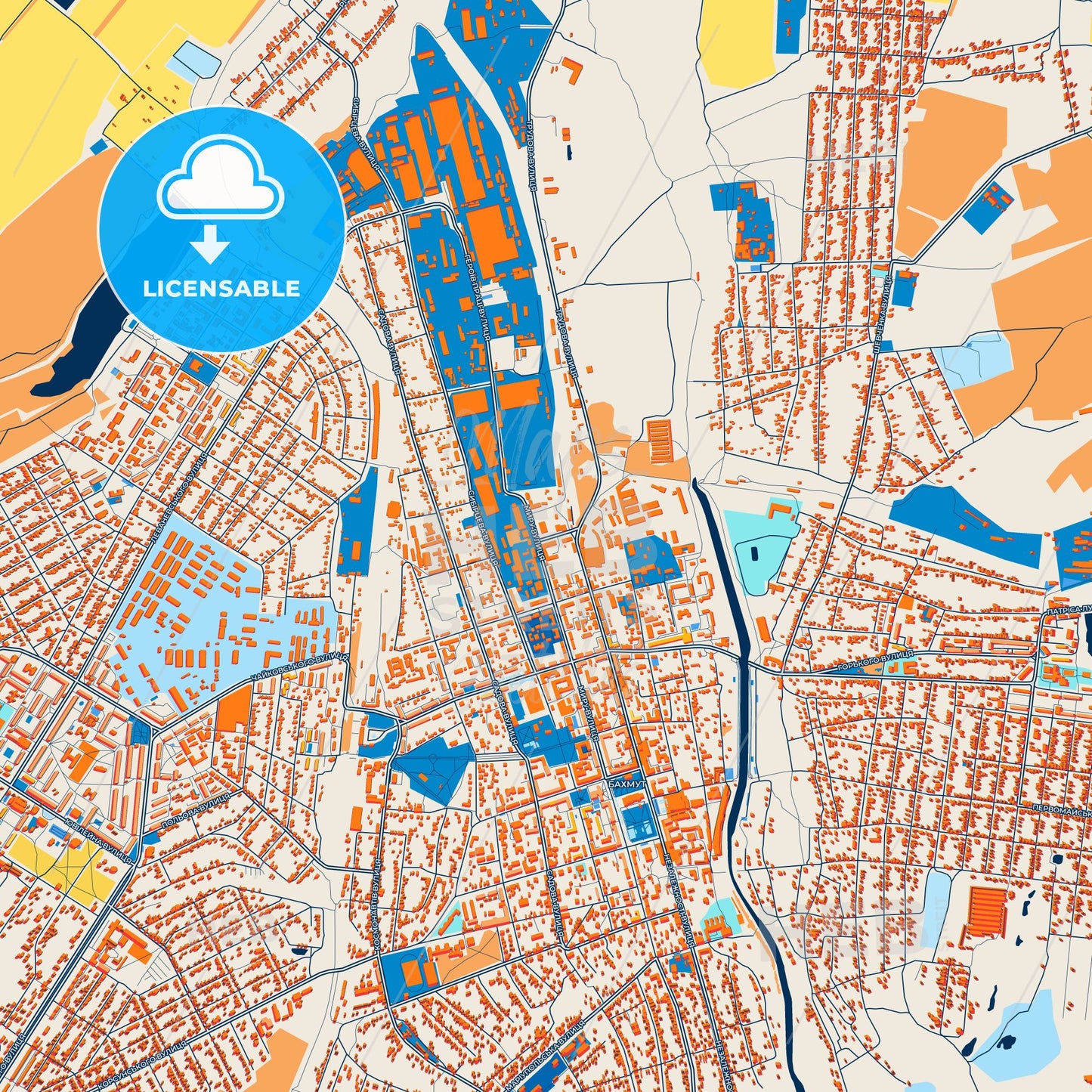 Colorful Bakhmut Street Map with Labels and Buildings