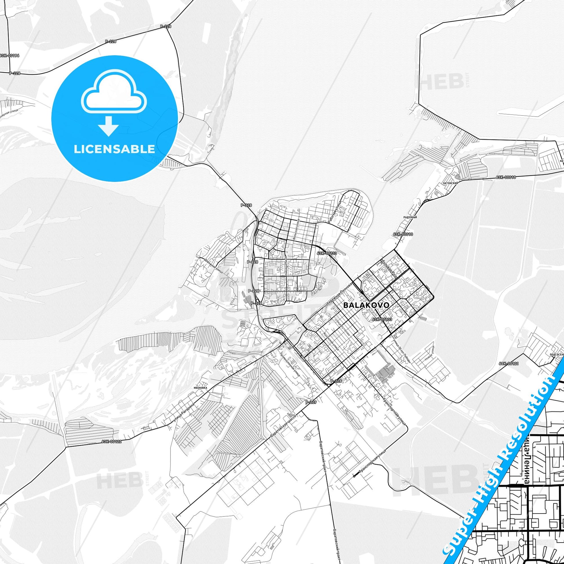 Balakovo, Russia light map with streetnames, citynames and districts
