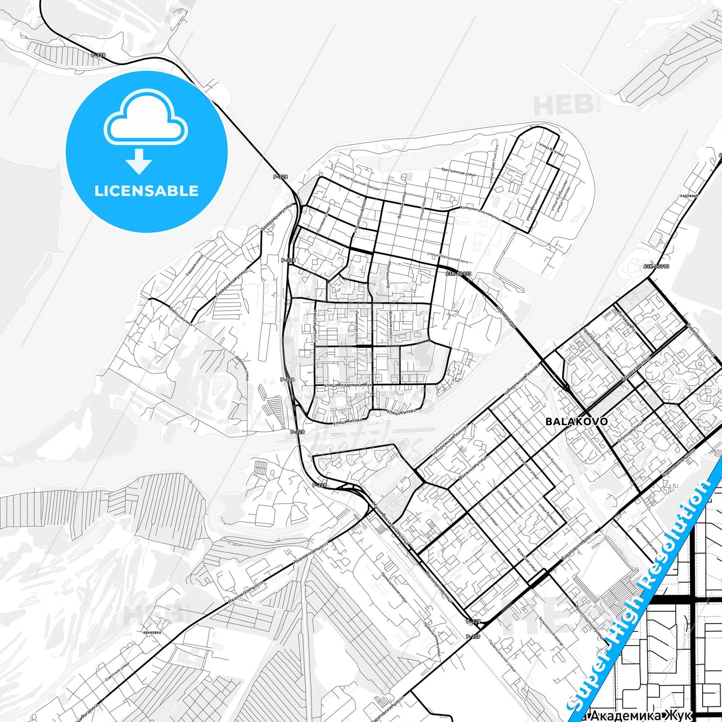 Balakovo, Russia Light Map with Street Names, City Names, and Districts